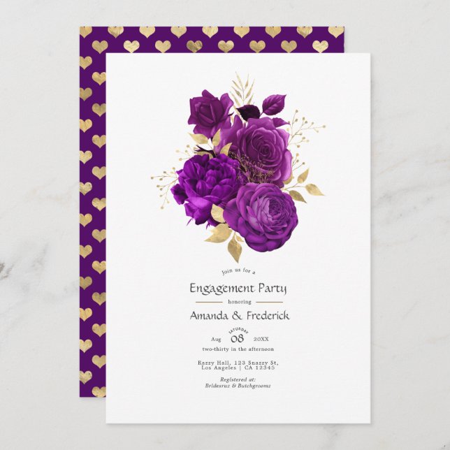 Lila och guld blommig förlovningsfest inbjudningar (Fram/baksida)