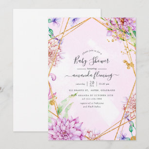 Lila och guld blommig geometrisk baby shower inbjudningar