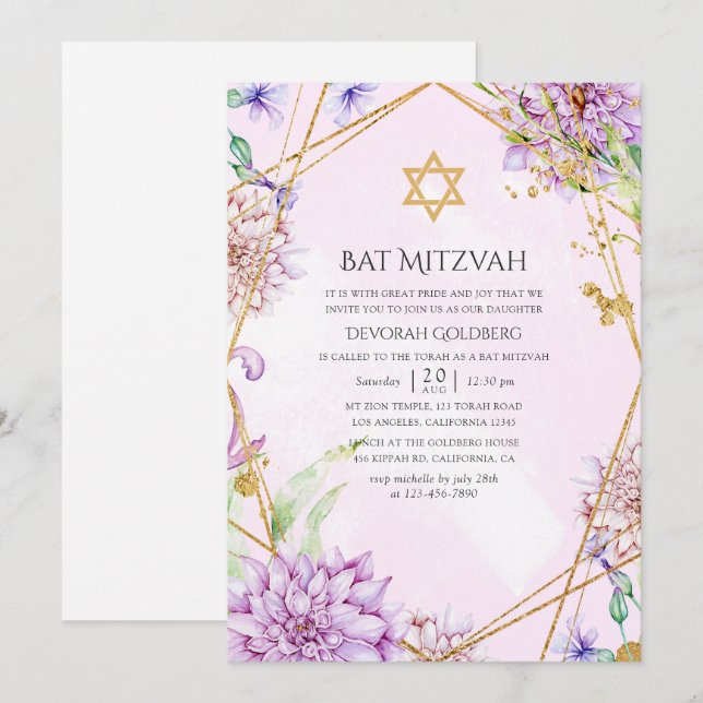 Lila och guld Blommig Geometrisk Bat Mitzvah Inbjudningar (Fram/baksida)