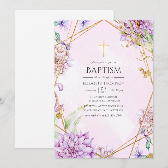 Lila och guld blommig geometrisk dop inbjudningar (Fram/baksida)