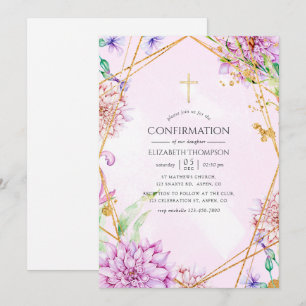 Lila och guld blommig geometrisk konfirmation inbjudningar