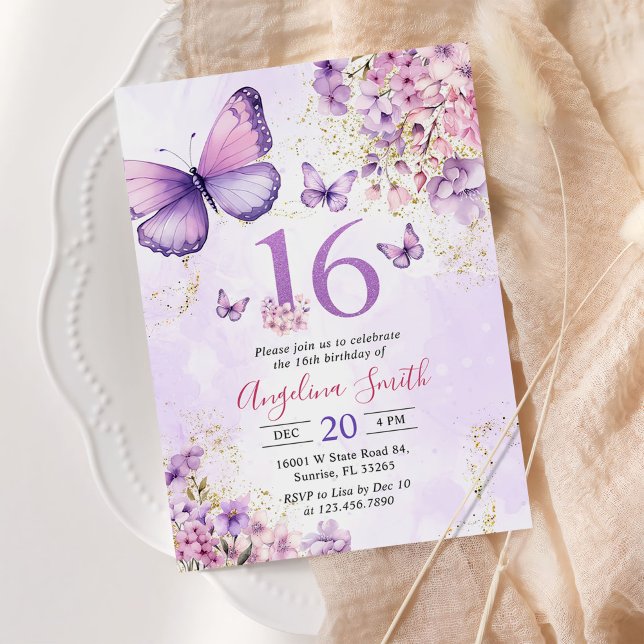 Lila och Guld Blommigt Butterfly 16:e födelsedagen Inbjudningar (Skapare uppladdad)