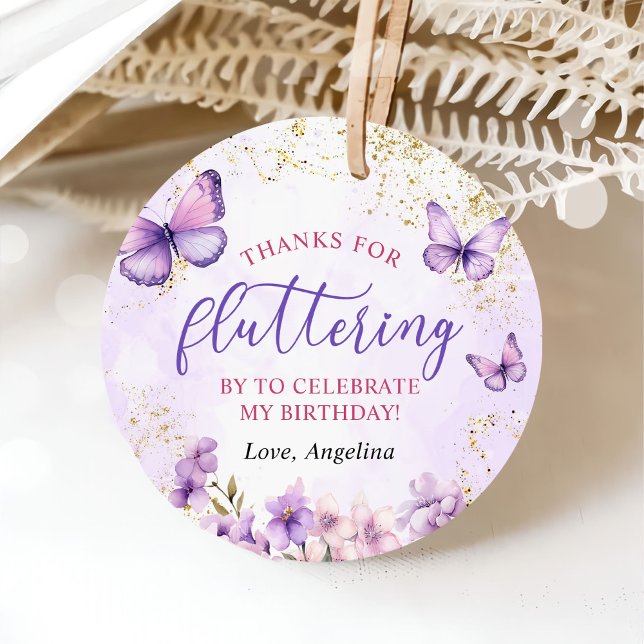 Lila och Guld Blommigt Butterfly 1:a födelsedag Gåvor Etiketter (Skapare uppladdad)