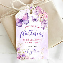 Lila och Guld Blommigt Butterfly 1:a födelsedag Presentetikett