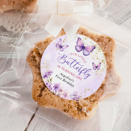 Lila och Guld Blommigt Butterfly 1:a födelsedag Runt Klistermärke