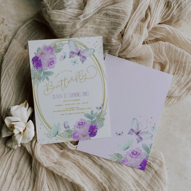 Lila och Guld Blommigt Butterfly Birthday Inbjudningar (Skapare uppladdad)