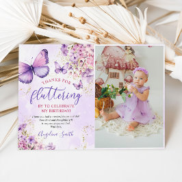 Lila och Guld Blommigt Butterfly Birthday Photo Tack Kort