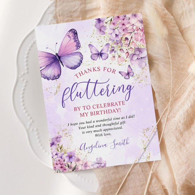 Lila och Guld Blommigt Butterfly Birthday Tack Kort (Skapare uppladdad)