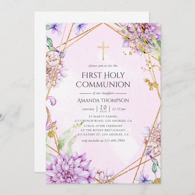 Lila och Guld Blommigt Geometric Heliga Communion Inbjudningar (Fram/baksida)