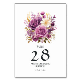 Lila och guld blomsterbröllop bordsnummer