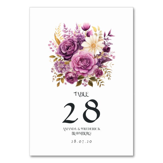 Lila och guld blomsterbröllop bordsnummer (Framsidan)