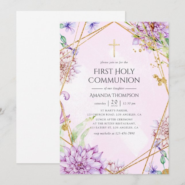 Lila och guld blomstergeometrisk nattvard inbjudningar (Fram/baksida)
