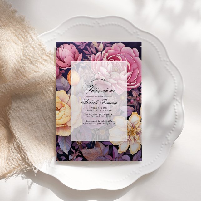 Lila och guld blomsterlika Quinceañera Inbjudningar (Mauve and Gold Floral Quinceañera Invitation)