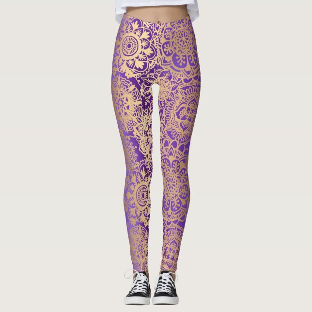 Lila och Guld Boho Mandala Mönster Yoga Leggings (Framsida)