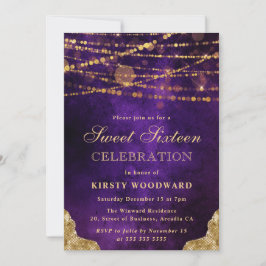 Lila och Guld Bokeh Sweet sixteen Inbjudningar