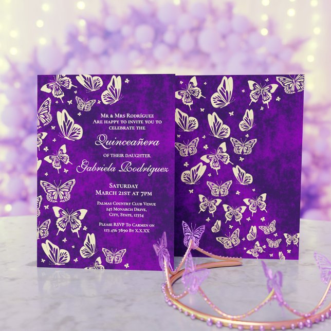 Lila och Guld Butterfly Quinceanera Party Inbjudningar (Luxury Purple and Gold Butterfly Quinceanera Party Invitation)