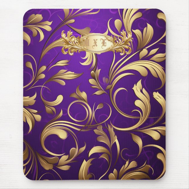 Lila och Guld Damask Monogrammed Musmatta (Framsidan)