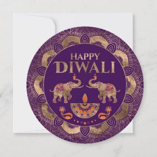 Lila och Guld Elephants Lycklig Diwali Kort