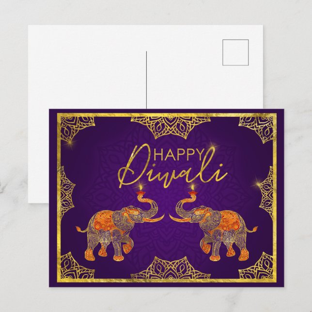 Lila och guld Elephants Lycklig Diwali Vykort (Fram/baksida)