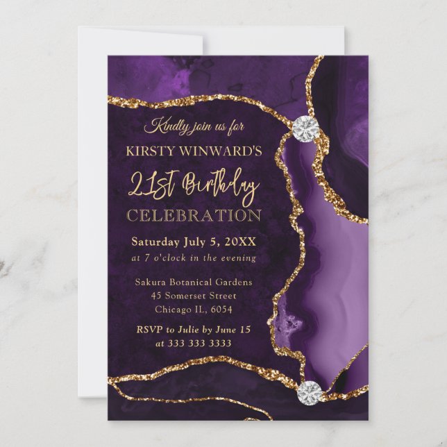 Lila och Guld Faux Glitter Agate Birthday Inbjudningar (Framsida)