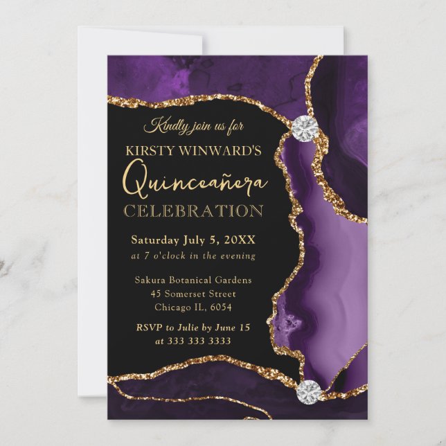Lila och Guld Faux Glitter Agate Quinceanera Inbjudningar (Framsida)