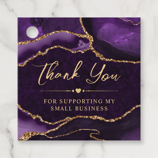 Lila och Guld Faux Glitter Agate Small Business Gåvor Etiketter (Framsida)