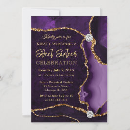 Lila och Guld Faux Glitter Agate Sweet 16 Inbjudningar