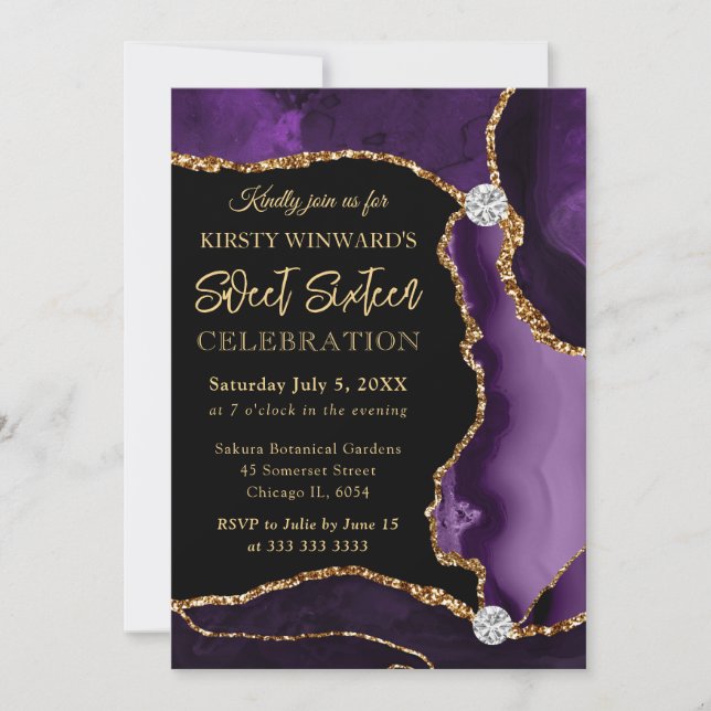 Lila och Guld Faux Glitter Agate Sweet 16 Inbjudningar (Framsida)