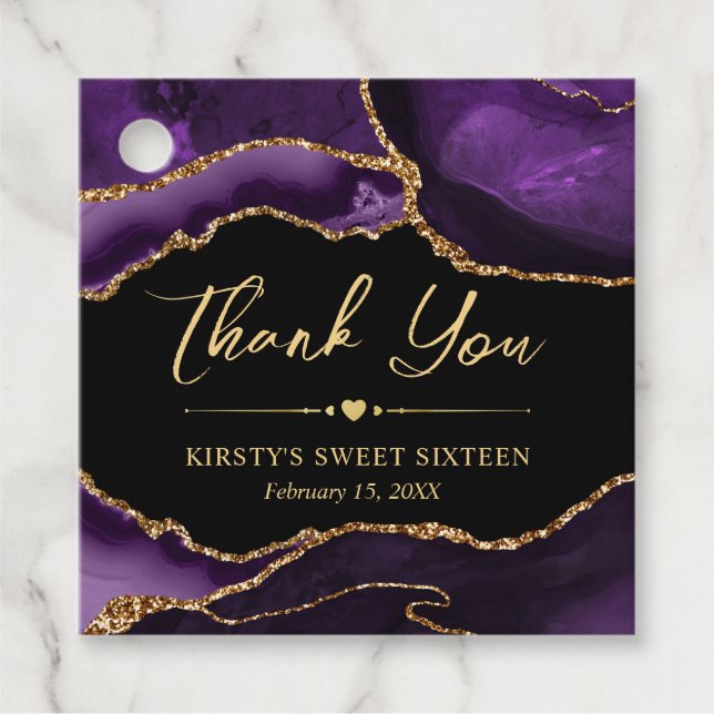 Lila och Guld Faux Glitter Agate Sweet sixteen Gåvor Etiketter (Framsida)