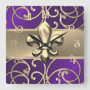 Lila och Guld Filigree Swirls Fleur de Lis Fyrkantig Klocka