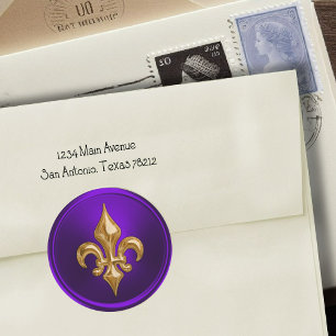 Lila och Guld Fleur de Lis EnKupe Seal Runt Klistermärke