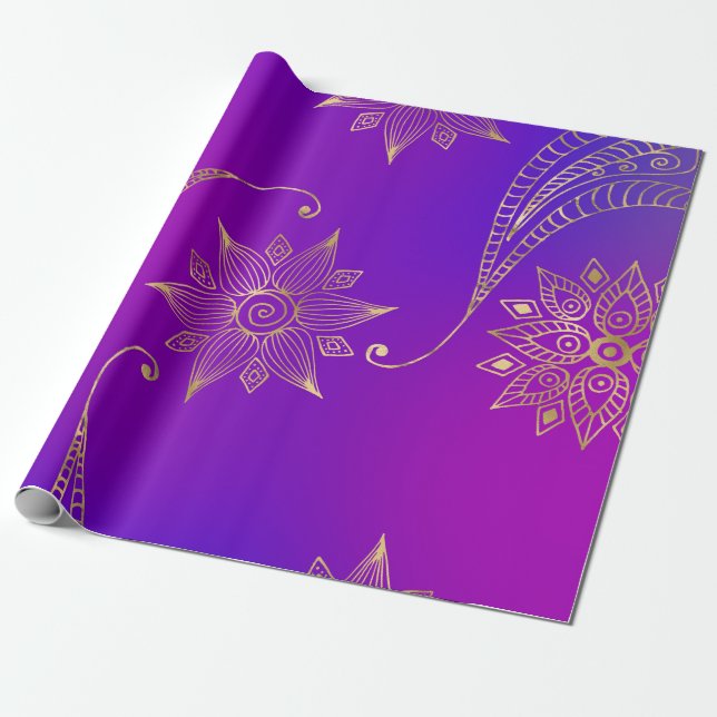 Lila och guld folie arabisk Bollywood Presentpapper (Utrullad)