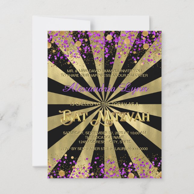 Lila och guld folie Bat Mitzvah Inbjudningar (Framsida)