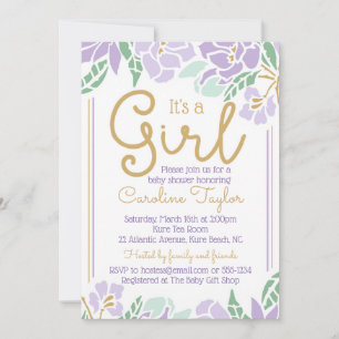 lila och guld för inbjudan till Blommigt för babys