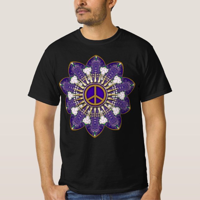 Lila och Guld Fredstecken Mandala T Shirt (Framsida)