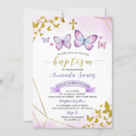 Lila och Guld Geometric Butterfly Baptism Invita Inbjudningar