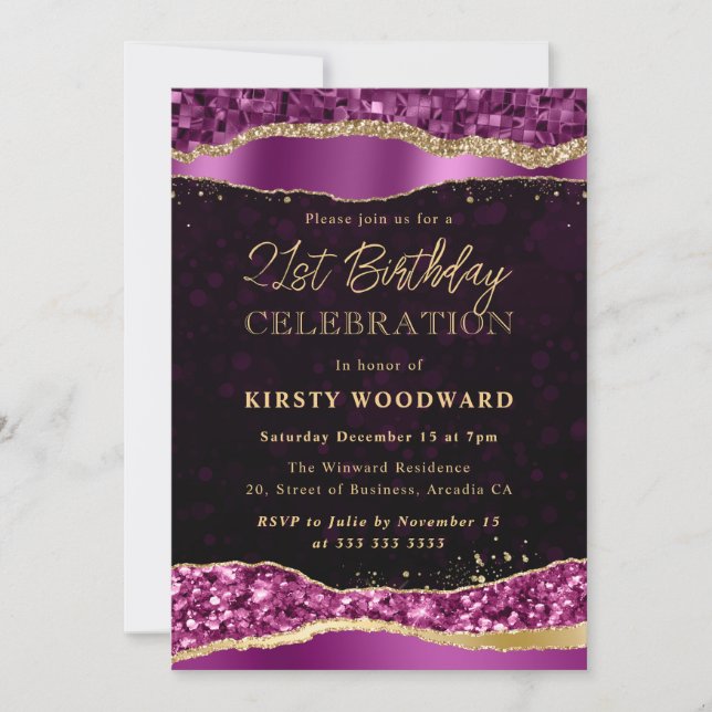 Lila och Guld Glam Tårar Födelsedagsfest Inbjudningar (Framsida)