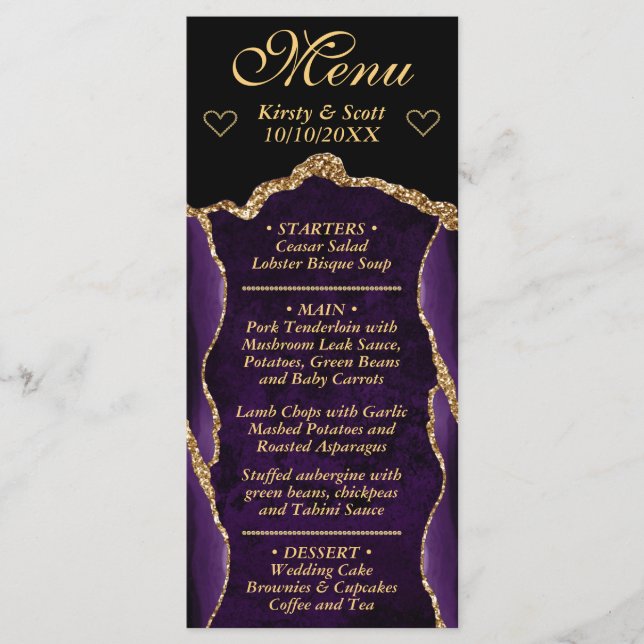 Lila och Guld Glitter Agat Marmor Bröllop Meny (Framsida)
