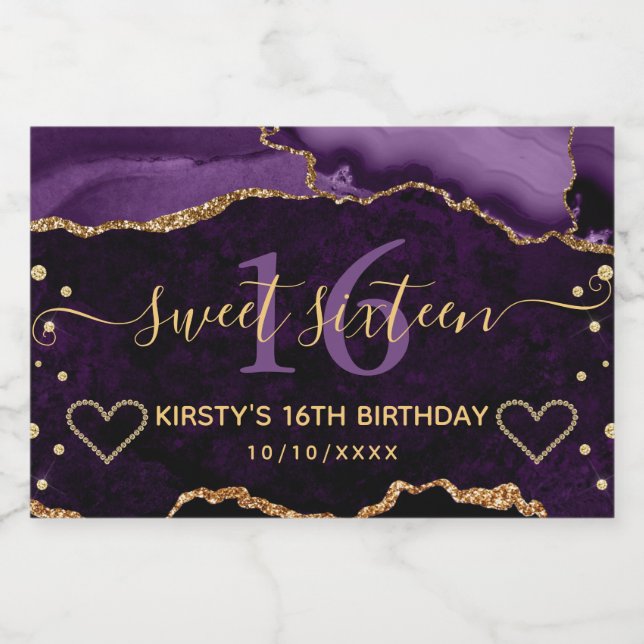 Lila och guld glitter agat marmor Sweet 16 (Enkel etikett)