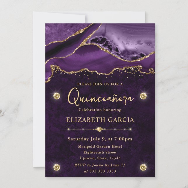 Lila och Guld Glitter Agate Quinceanera Inbjudningar (Framsida)