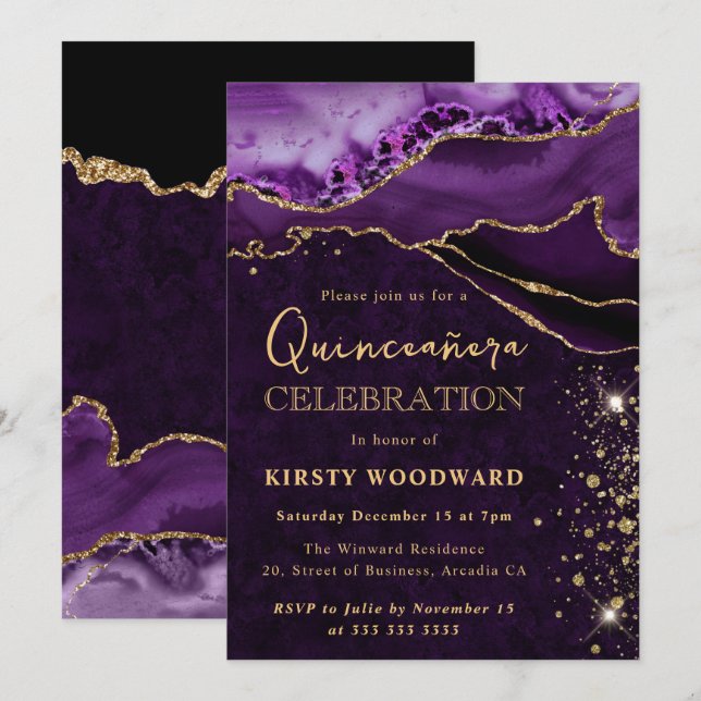 Lila och Guld Glitter Agate Quinceanera Inbjudningar (Fram/baksida)
