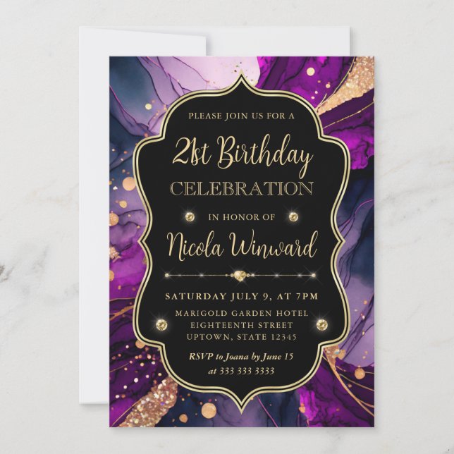 Lila och Guld Glitter Alkoholbläck 21-årsdag Inbjudningar (Framsida)