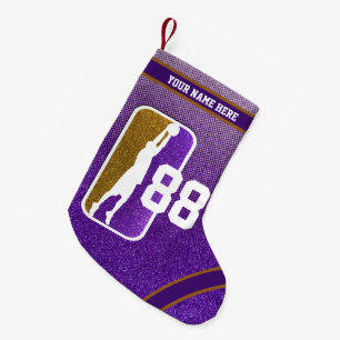 Lila och Guld Glitter Basketball Team Jersey Liten Julstrumpa