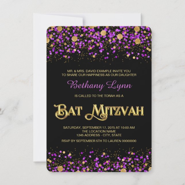 Lila och Guld Glitter Bat mitzvah Inbjudningar (Framsida)