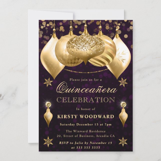 Lila och Guld Glitter Baubles Quinceanera Inbjudningar (Framsida)
