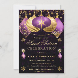 Lila och Guld Glitter Baubles Sweet sixteen Inbjudningar