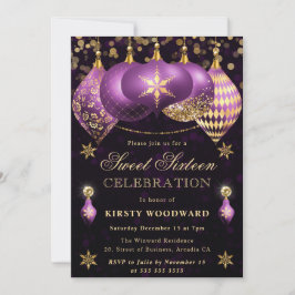 Lila och Guld Glitter Baubles Sweet sixteen Inbjudningar