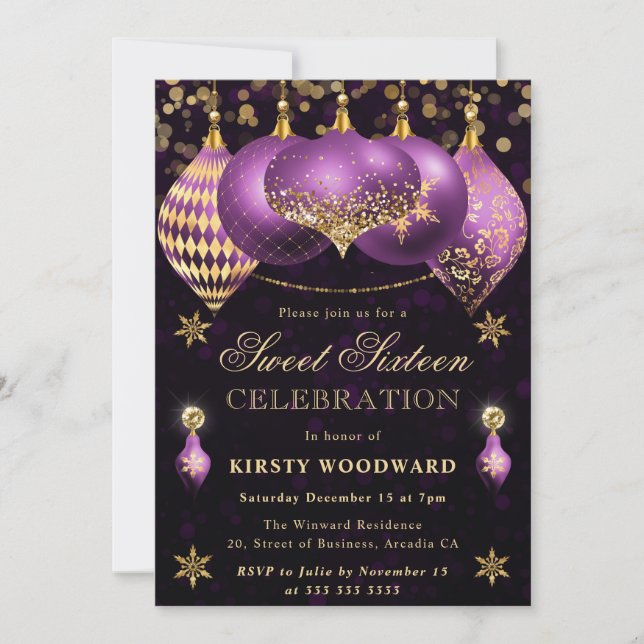 Lila och Guld Glitter Baubles Sweet sixteen Inbjudningar (Framsida)