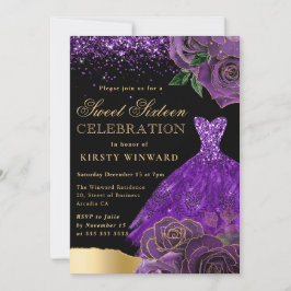 Lila och Guld Glitter Dress Glam Ro Sweet 16 Inbjudningar