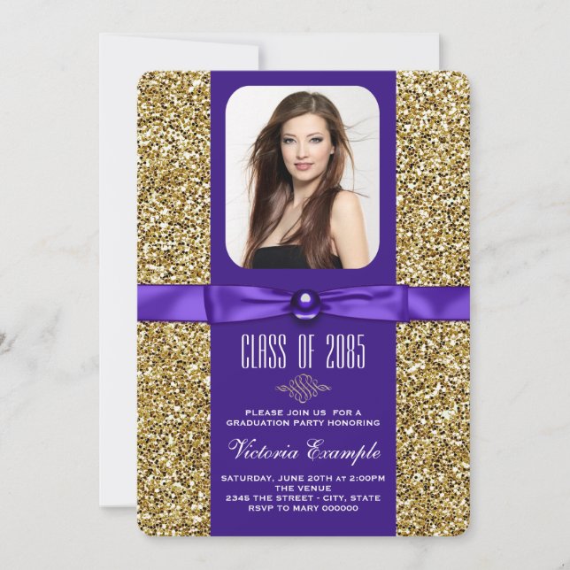 Lila och guld glitter examensannonser inbjudningar (Framsida)